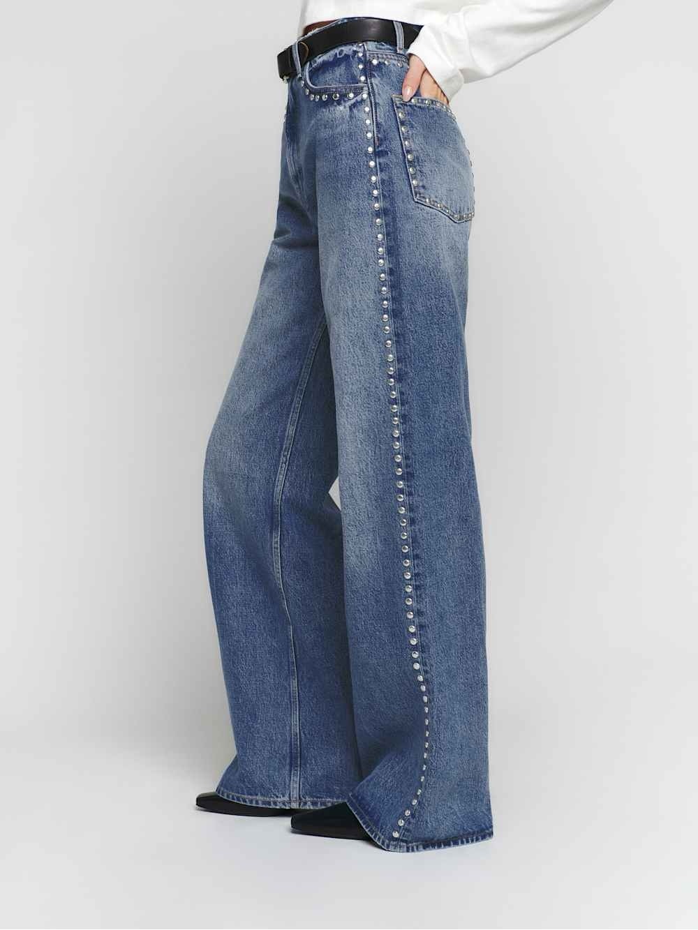 Reformation Stud-Trim Wide Leg Jeans in Medium Blue